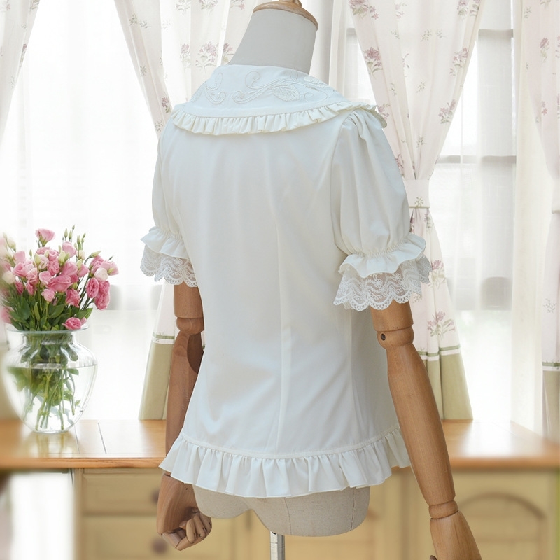 Sweet Lolita Shirt Short Puff Sleeve Flower Embroidered Peter Pan Collar White Ruffle Blouse for Ladies T200321