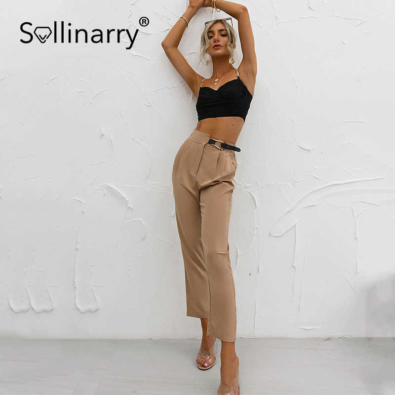 Sollinarry Asymmetric belt trousers Casual High Waist Khaki Pants Women Summer Brown Ladies Office Trousers Pocket Female Pants 210709