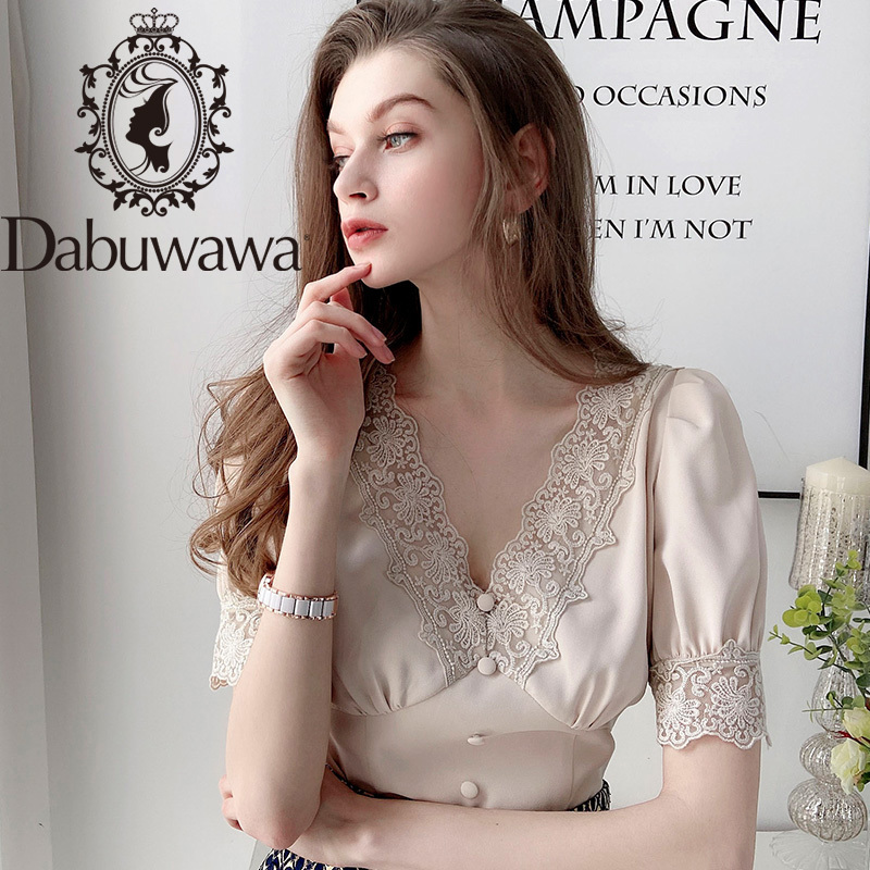 Dabuwawa Elegant Lace Deep V-Neck Blouse Women Casual Solid Puff Sleeve Chiffon Blouses Shirts Tops Office Lady DT1BCF006 210225