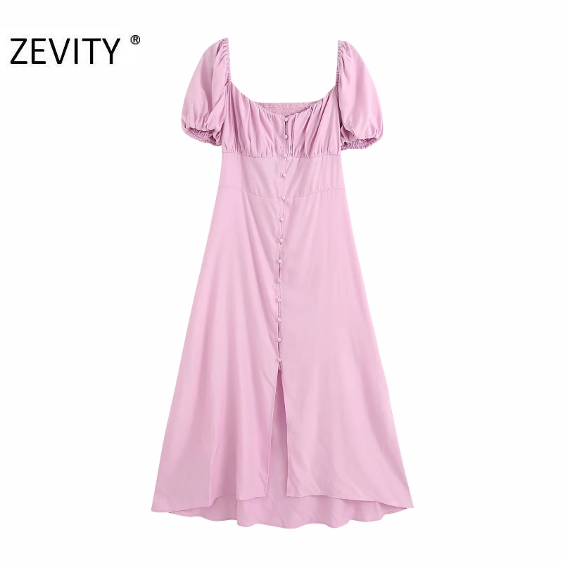 women vintage puff sleeve single breasted red midi dress female back elastic casual slim vestidos chic party dresses DS3877 210309