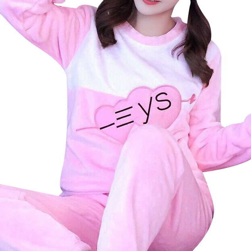 Winter Flannel Thicken Pajamas Set for Women Long Sleeve + Long Pants Casual Loose Warm Soft Sleepwear Loungewear 2Pcs Pjs 210924