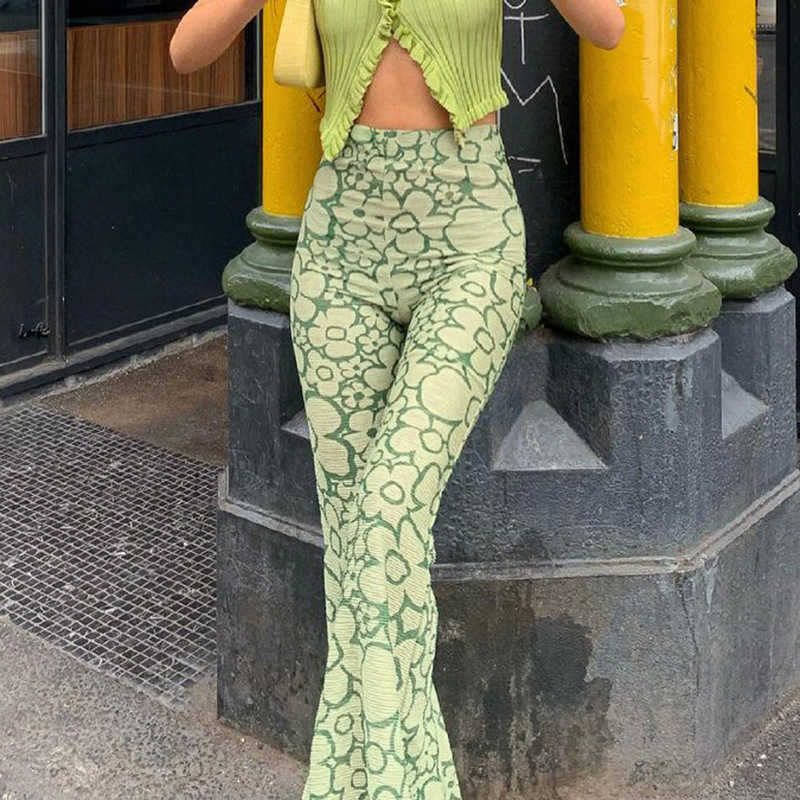 NORMOV Flowers Print Pants Women High Waist Vintage Loose Wide Leg Pants Casual Fashion Streetwear Skinny Y2K Flared Trousers Q0801