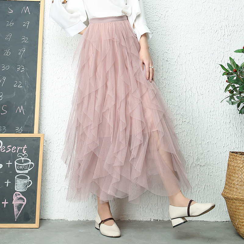 Fashion Tutu Tulle Skirt Women Long Maxi Skirt Spring Summer Korean Black Pink High Waist Pleated Skirt Female 210306