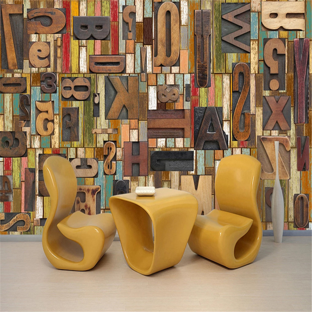 Custom Wall Vintage Plank Woodcut Mural Wallpaper English Alphabet Bar Restaurant Cafe 3d Wallpapers For Walls