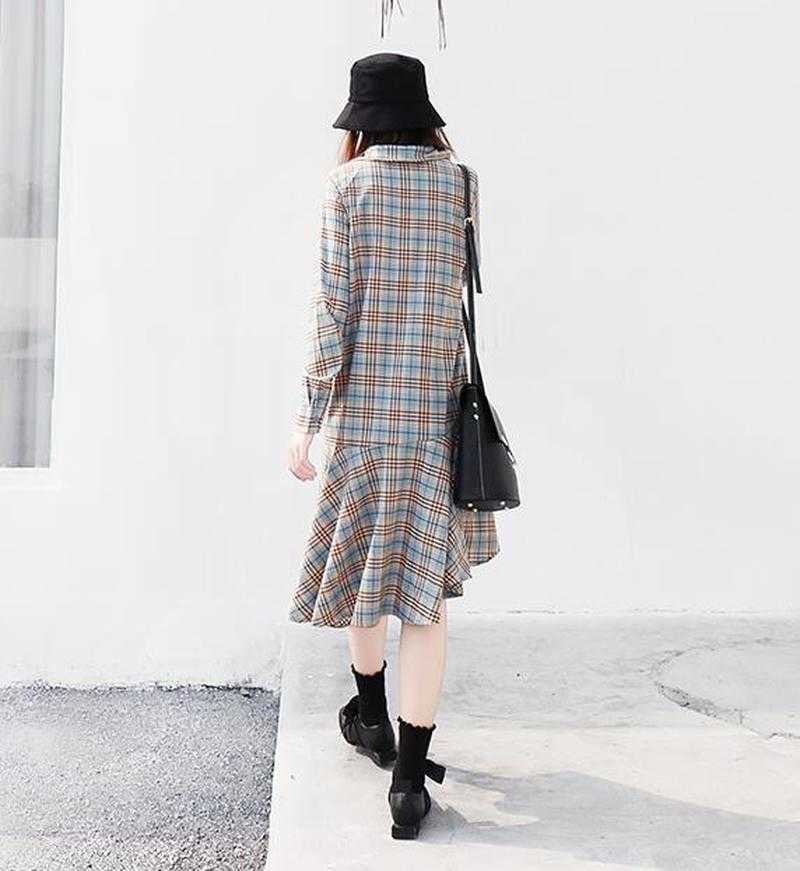 Korea Style Fashion Plaid Dress Spring Autumn Arrival O Neck Long Sleeve Casual Asymmetrical for Women 210615Z