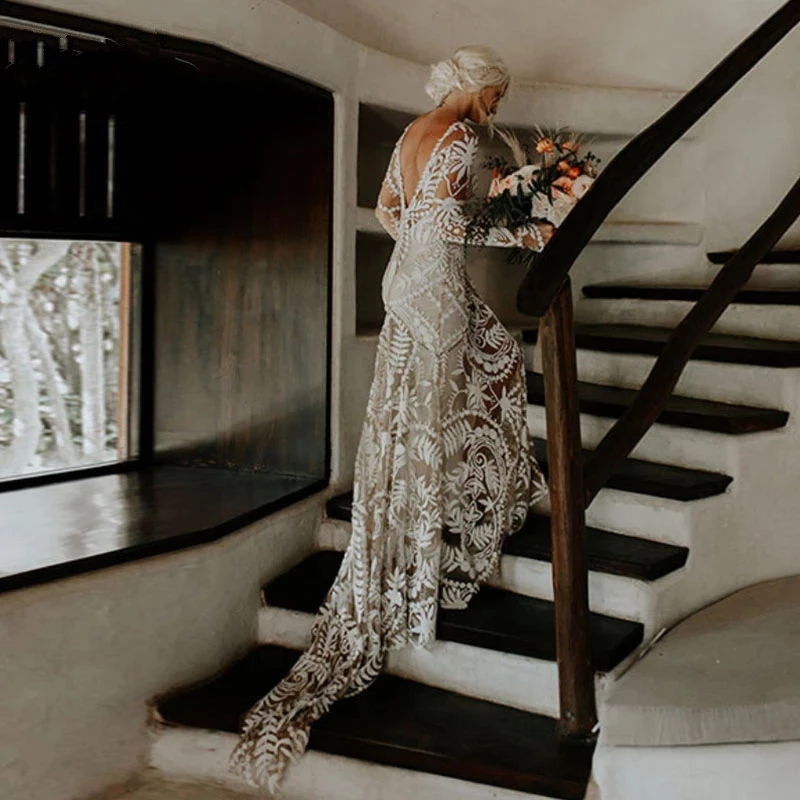 Lace 2022 Bohemian Full Beach Wedding Dresses Bridal Gowns Long Sleeve Low Backless Chic Noivas Boho Rue De Soriee