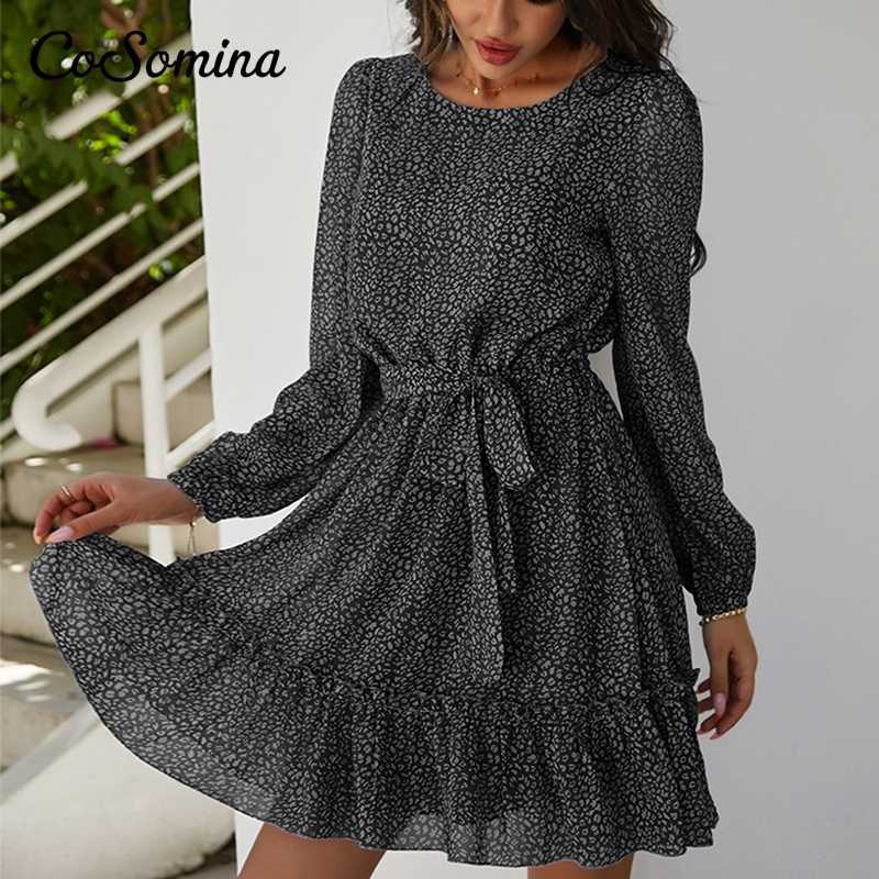 CoSomina Floral Print Ruffled Summer Dress Women Elegant Long Sleeve Sashes Female Chiffon Dress Bohemian Spring Short Dress 210630