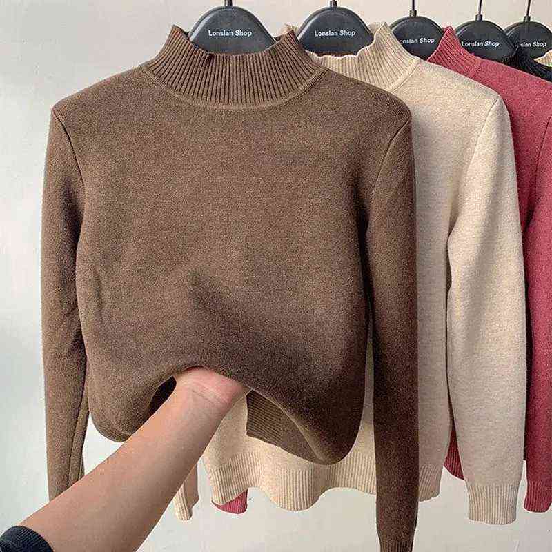 Korean Turtleneck Slim Knitted Pullovers Fashion Clothes Woman Winter Sweater Casual Fleece Lined Warm Knitwear Base Shirt 211123wtt