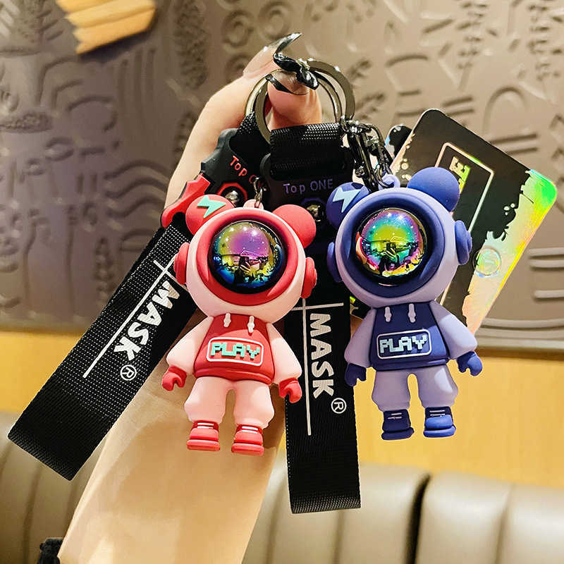 Cartoon Play Lightning Bear Keychain Cute PVC Astronaut Bear Doll Keyring Bag Pendant Couple Car Keyholder Creative Accessories G1019