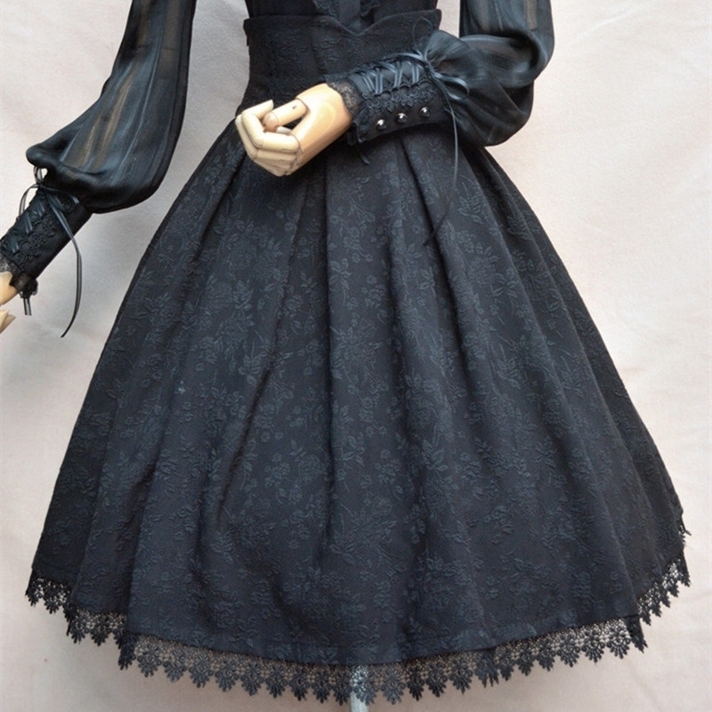 Women Classic Lolita Skirt Vintage Style Retro Gothic Darkness Lace Up High Waist A Line Chapel Church Formal Skirts Black T200113
