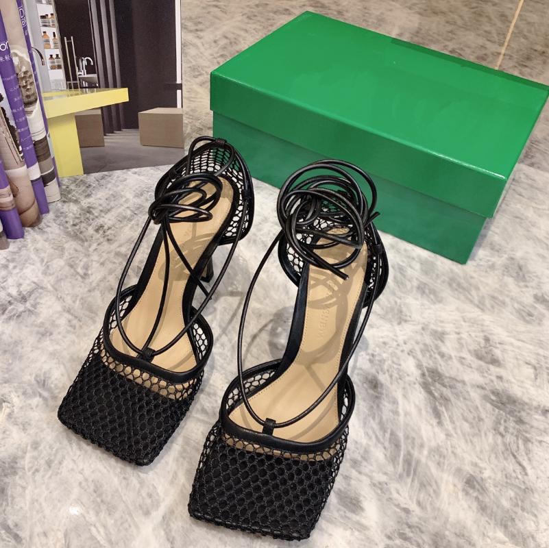 Fishnet Women Sandals High Heels Lace up Sandalias De Las Mujeres Square Toe Sandale a Talon Hollow Summer Shoes Stiletto Pumps