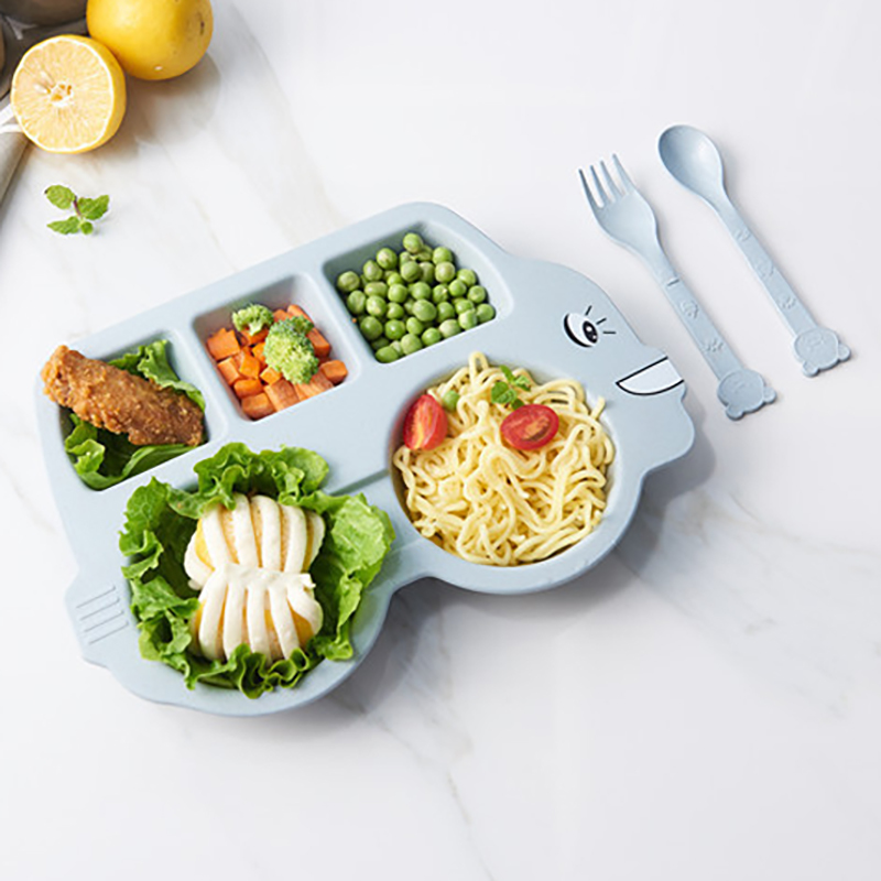 6pcs/set Baby Bamboo Fiber Dishes Creative Car Shape Plate Divided Children Tableware Kid Food Plate Baby Learning Dishes Cup 210226