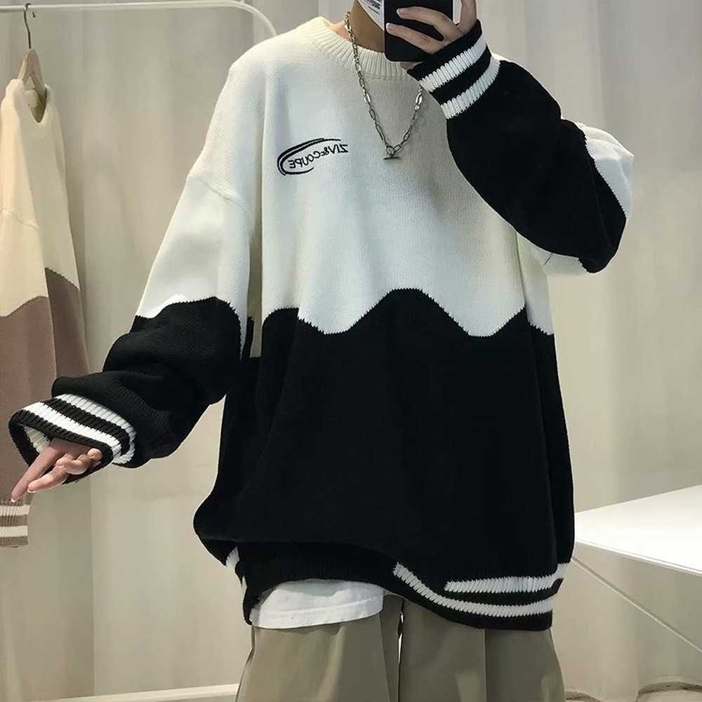 Men Crew Neck Sweaters Oversized Sweater Patchwork Pattern Korean Fashion Streetwear Autumn Winter Clothes For Men Loose Fit Y0907