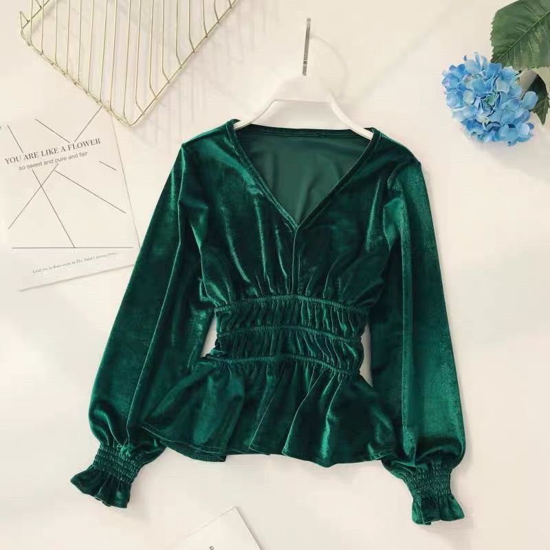 Sexy V-neck Slim Waist Women Tops Fashion Velvet Blouse Spring Long Trumpet Sleeve Ruffle Clubwear Basic Shirts Casual Clothes 210225