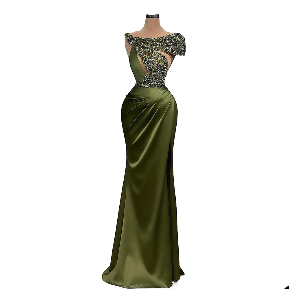 Gorgeous Olive Mermaid Satin Silk Prom Dresses Sequins Short Sleeve Crystal Evening Dress Pleats Women vestidos Custom Made
