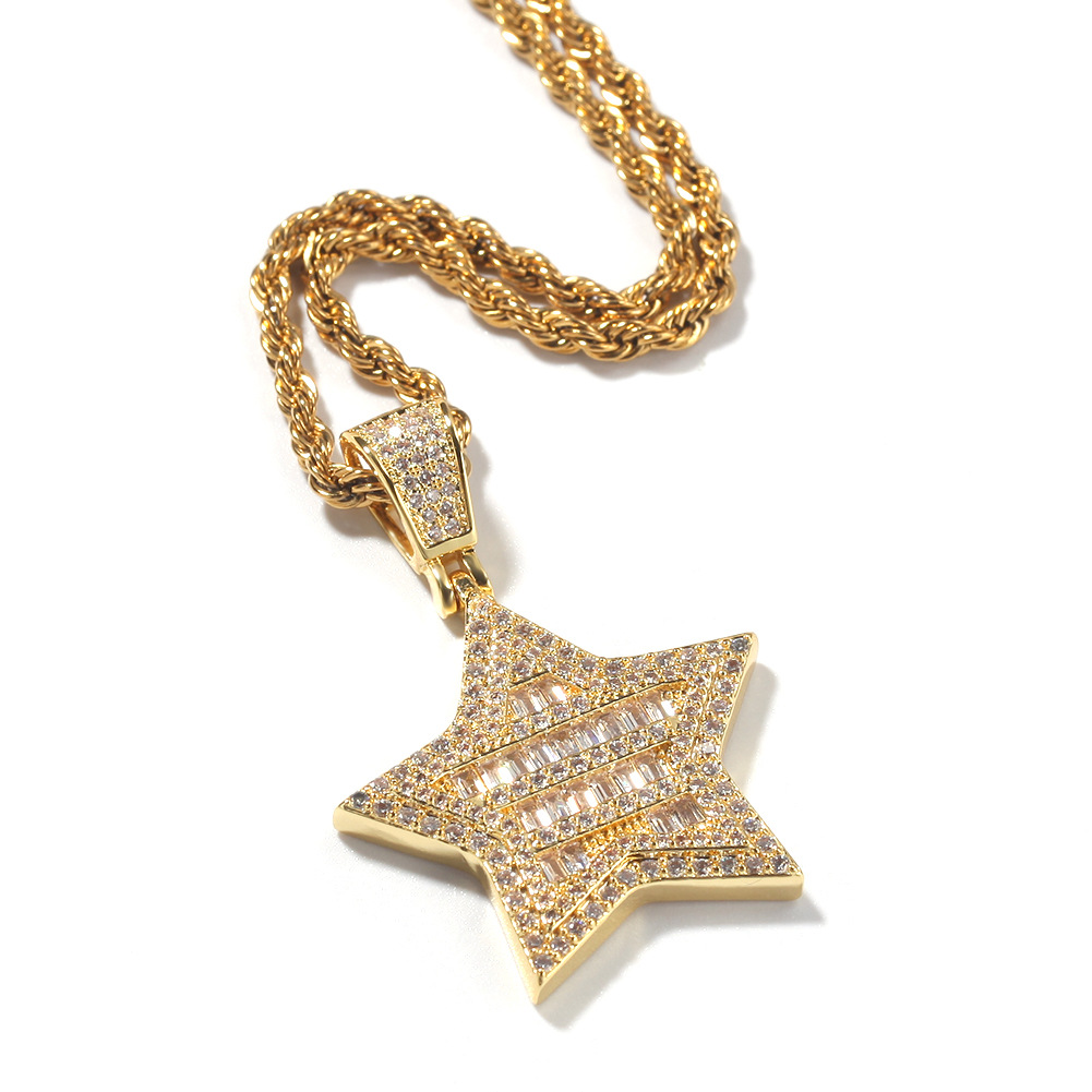 Hip Hop Star Pendant Necklace Bling 18K Real Gold Plated Shining Crystal Zircon Men Women Gift