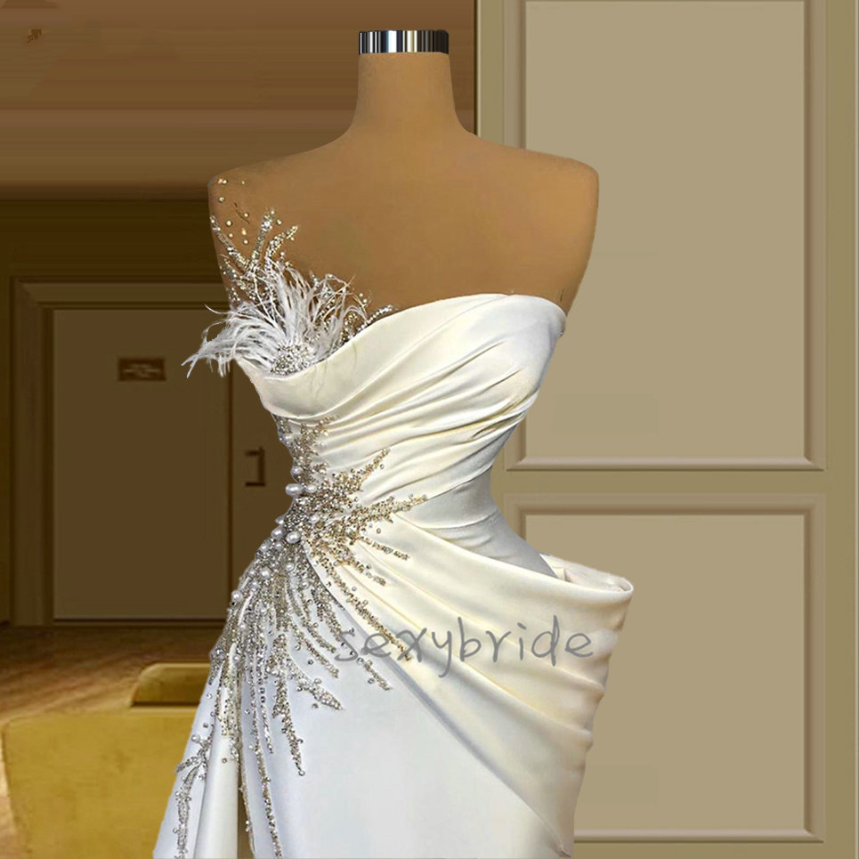 2021 Luxury Arabic One Shoulder Formal Evening Dresses Feather Beaded Elegant Long Prom Party Dress Ruched Mermaid Celebrity Party Wear