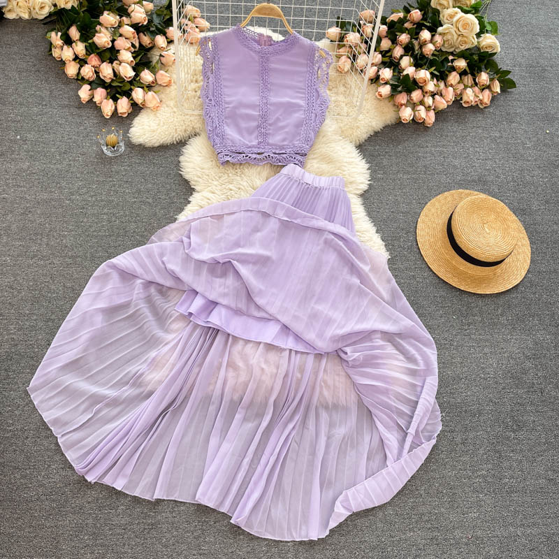 Purple/Yellow/Red Lace Chiffon Two Piece Dress Women Vintage Beach Party Sleeveless Short Tops Pleated Long Skirt Female 2pcs Suit 2022