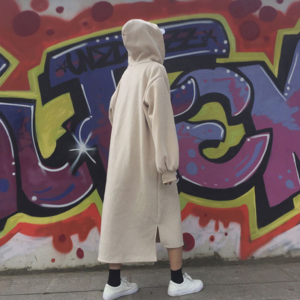 Korean Women Autumn Winter Hooded Dress Pullover Thick Fleece Oversized Casual Loose Maxi Long Hoodie Sweatshirt Dresses Black 201008