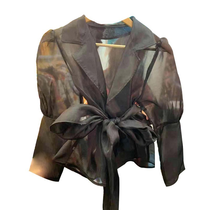 TWOTWINSTYLE Perspective Crop Tops Female Lapel Long Sleeve Bandage Womens Shirts Blouse Korean Fashion Elegant Spring New 210225