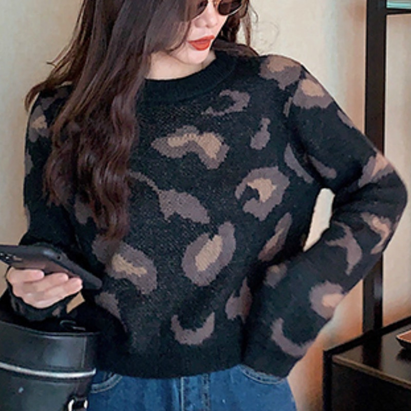 Women Cropped Sweater Vintage Argyle Pattern Pullover Knitted Top Sweet Print O-neck Long Sleeve 90s Autumn Winter Sweater Woman 210218