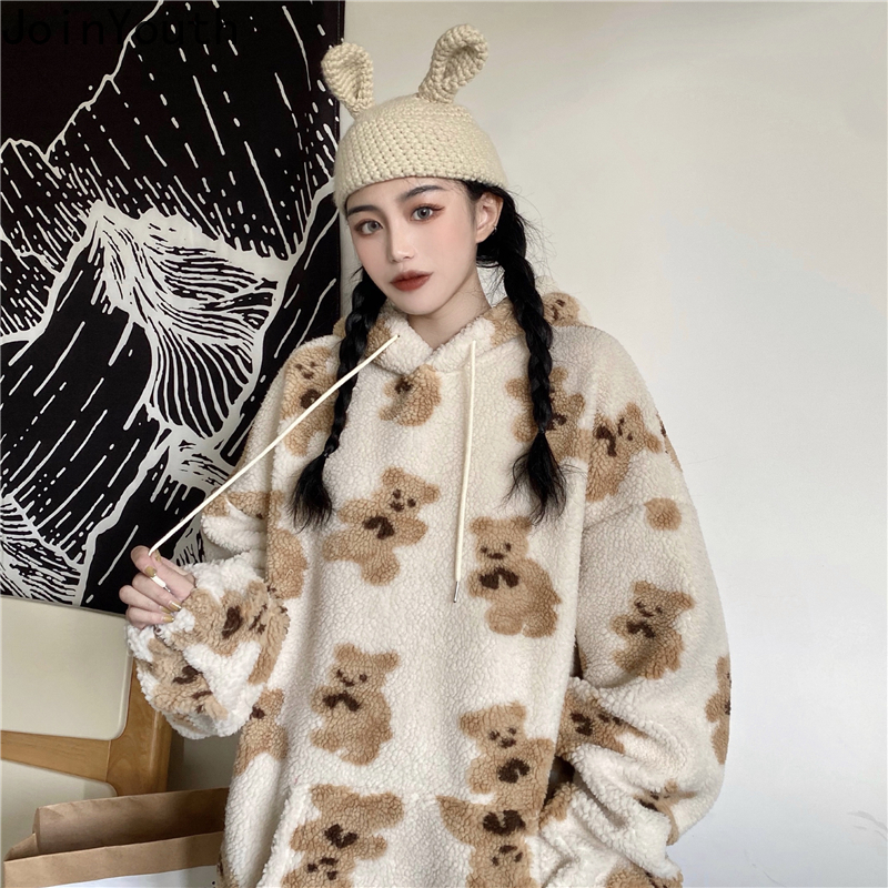 Joinyouth Sweatshirt Fall Winter Clothes Women Korean Hooded Cartoon Bear Thicked Outwear Lamb Wool Loose Casual Hoodies Coat 201202
