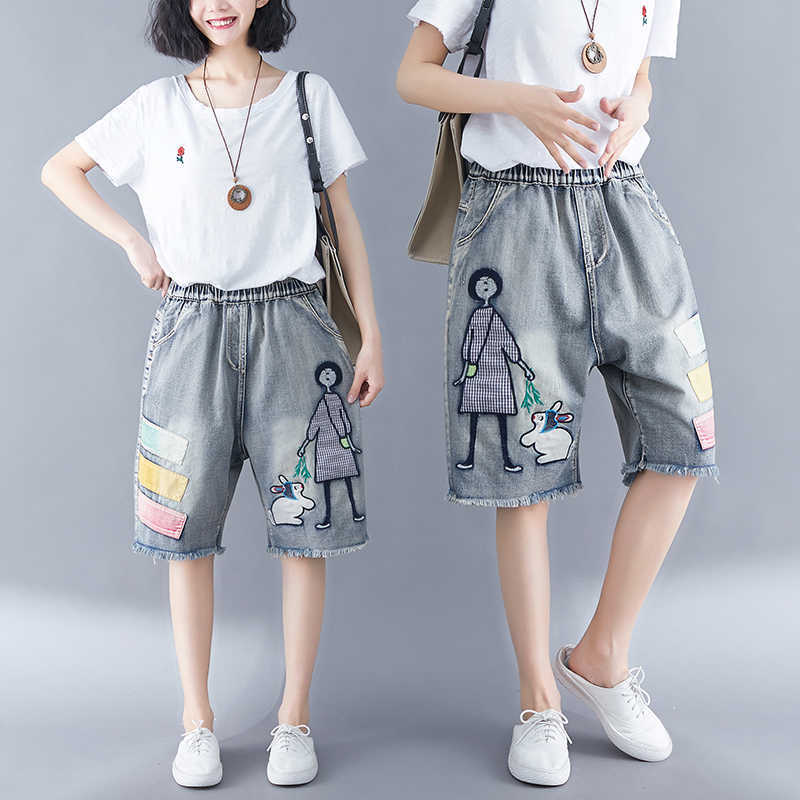 5176 Women Summer Streetwear Elastic High Waist Cartoon Embroidery Cute Korean Style Lady Female Oversized Loose Denim Shorts 210714