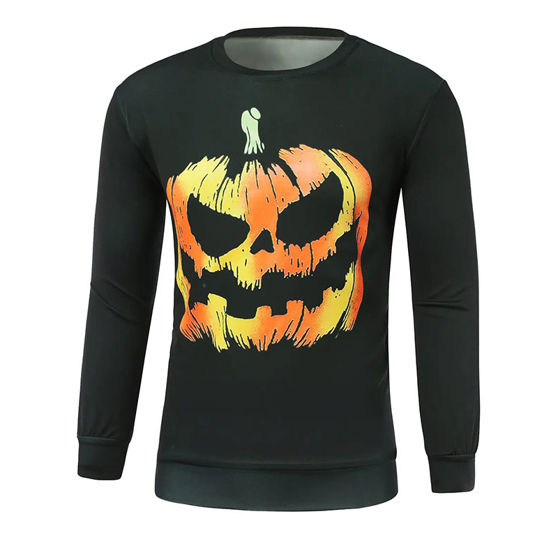 Halloween men's pumpkin skull print crew neck sweatshirt, Black