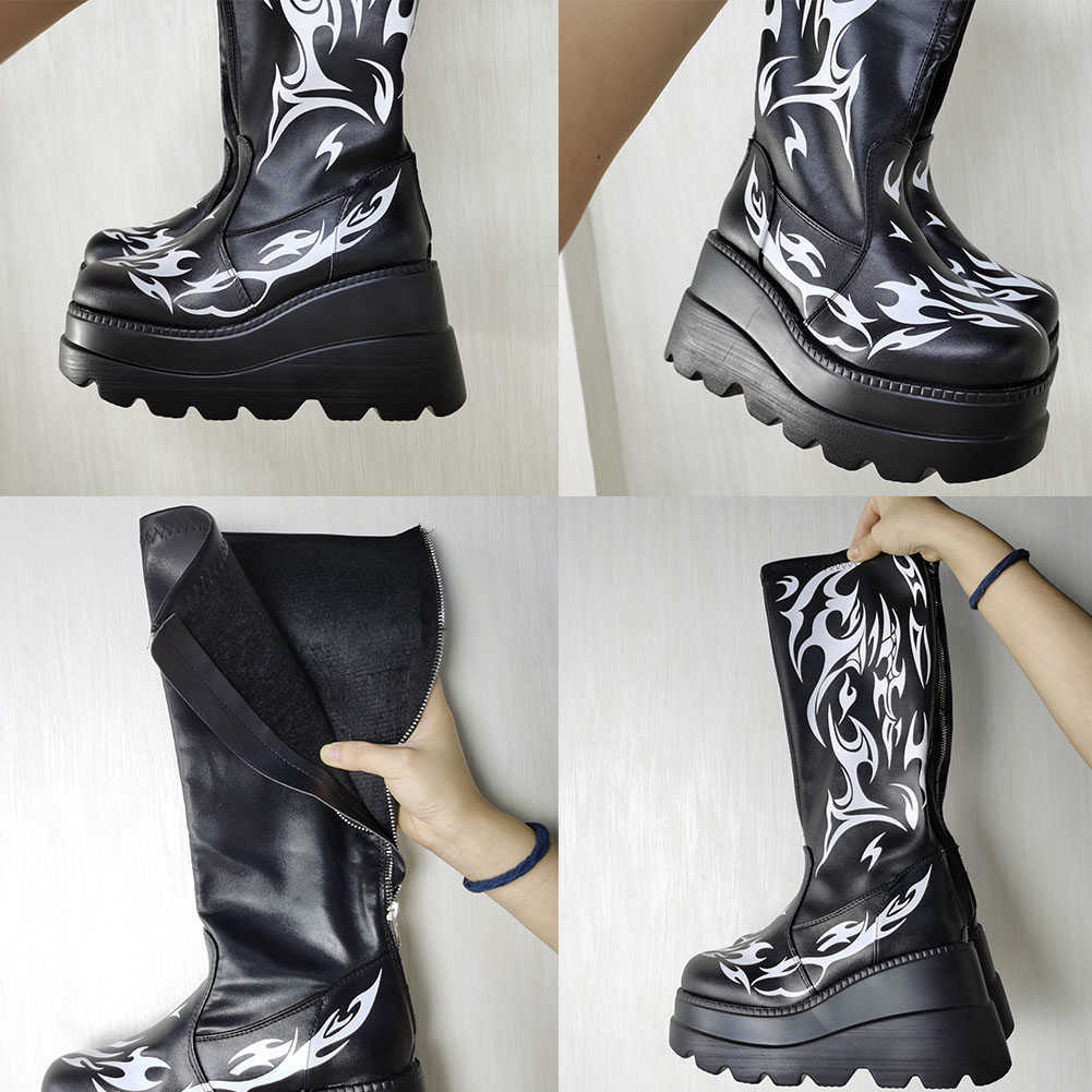 DORATASIA Large Size 43 Women Platform Black Punk Chunky Shoes Casual Boots Women Wedges Punk Goth Zipper Mid Calf Boots Y0910