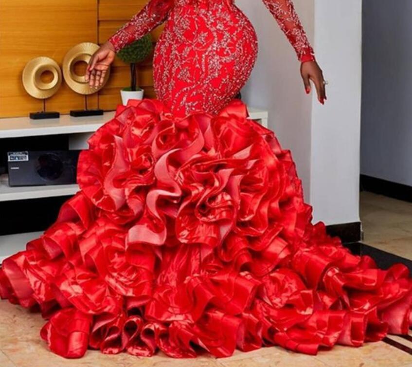 Arabic Aso Ebi Luxurious Red Mermaid Evening Lace Beaded Prom Dresses Sexy Formal Party Second Reception Gowns Zj