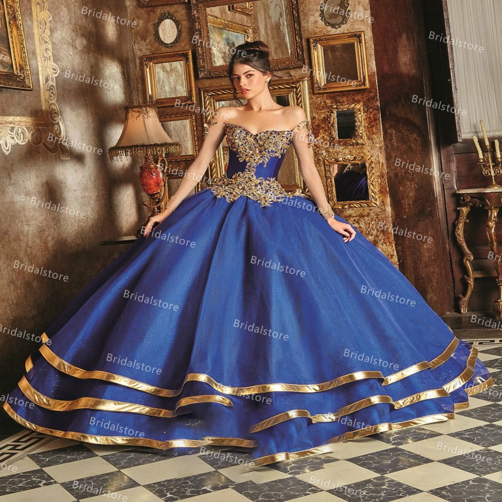 Vintage Blue Mexican Quinceanera Dresses With Crystal Lace Princess Ball Gown Sweet 15 Dress 2021 Tiered Gold Corset Prom Dance Gowns Robes De Soirée