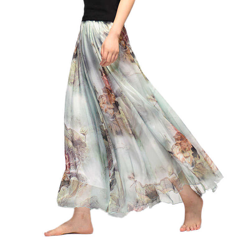 Elegant Summer Bohemian Maxi Skirts Women Long Skirt Chiffon Saia Beach High Waist Tutu Casual Vestidos Harajuku Print Clothes 210619