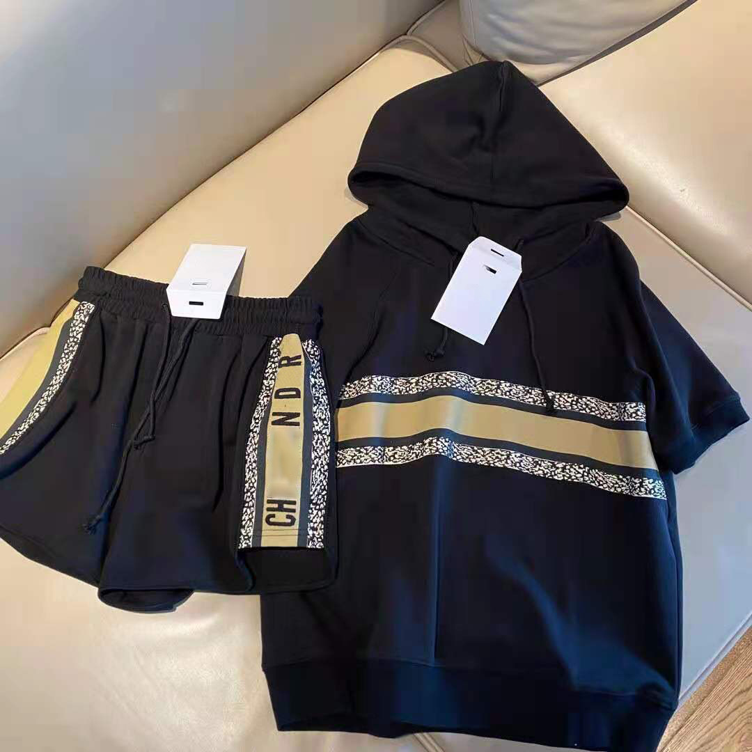 Luxury design spring and summer fashion Dijia leopard embroidery two color women's hooded short sleeve shorts suit