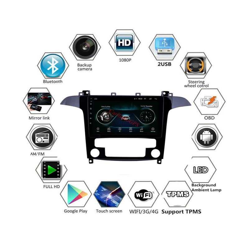 Android Car Dvd Player 9 Inch Gps Navigation System Audio Stereo for Ford S-Max 2007-2008 Auto A/C