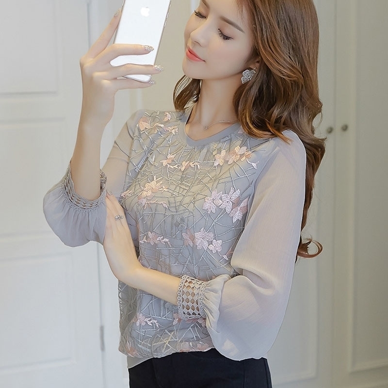 Long Sleeve Women New Floral Embroidery O Neck Lace Chiffon Blouses Blusa Ladies Casual Shirt Tops T200502