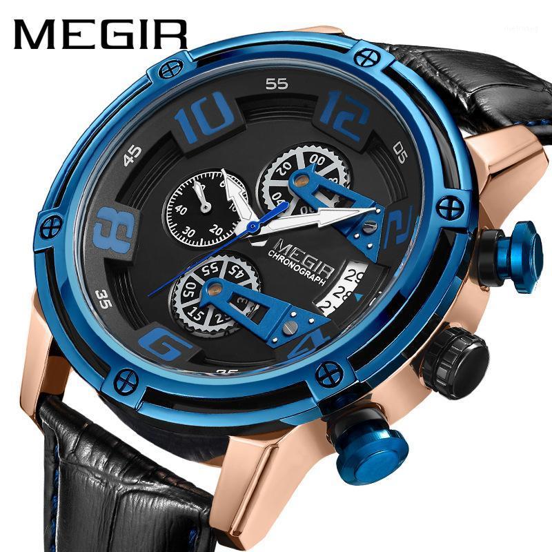 Men's Genuine Leather Quartz Sports Watches Top Chronograph Waterproof Men Wristwatches, Blue