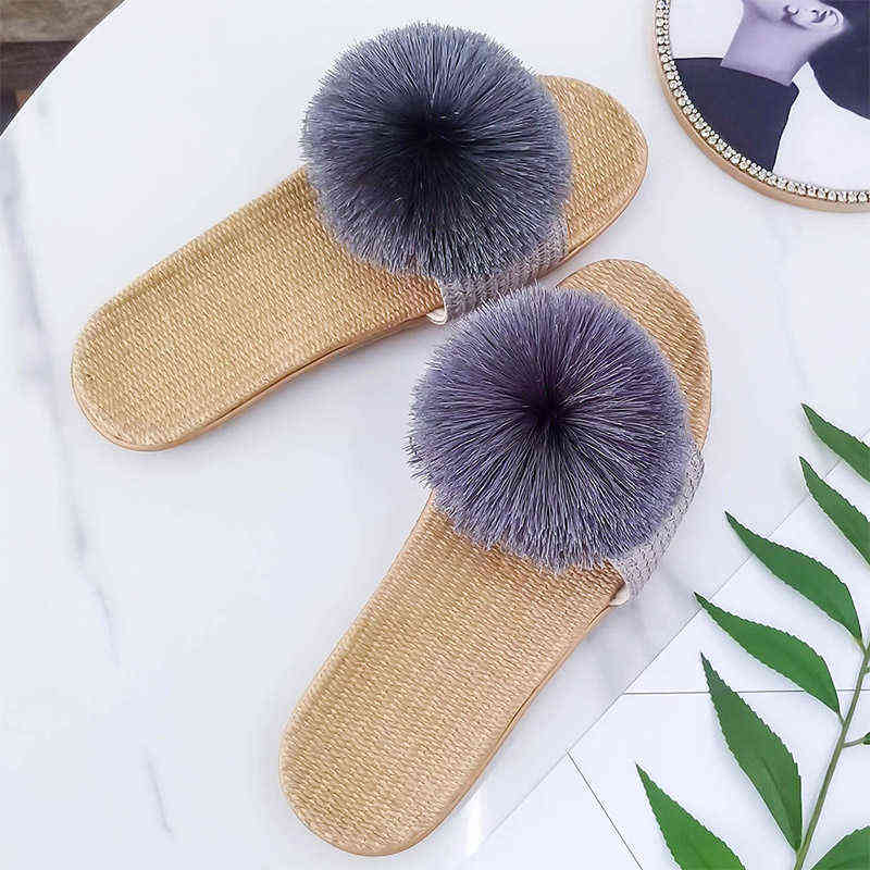 Women Slippers Summer Cute Sweet Flat Pompom Hemp Females Furry Indoor Casual Footwear Fashion Home Slides 211110