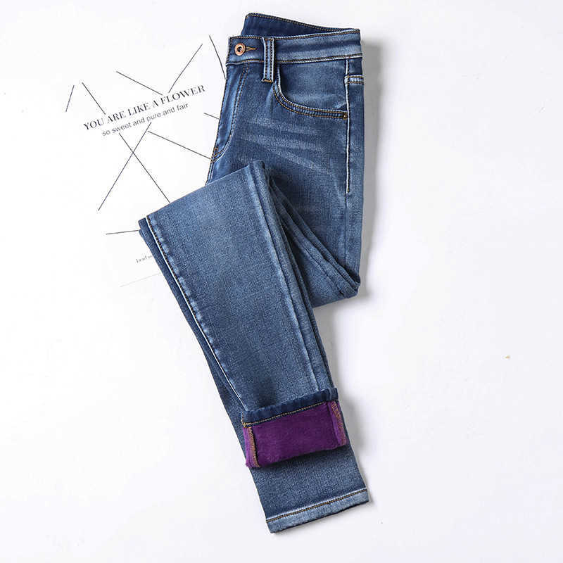 Winter Thick Women Warm Skinny Jeans Simple Stretch Plus Velvet Fleece Female High Waist Denim Pencil Pants size 40 210922