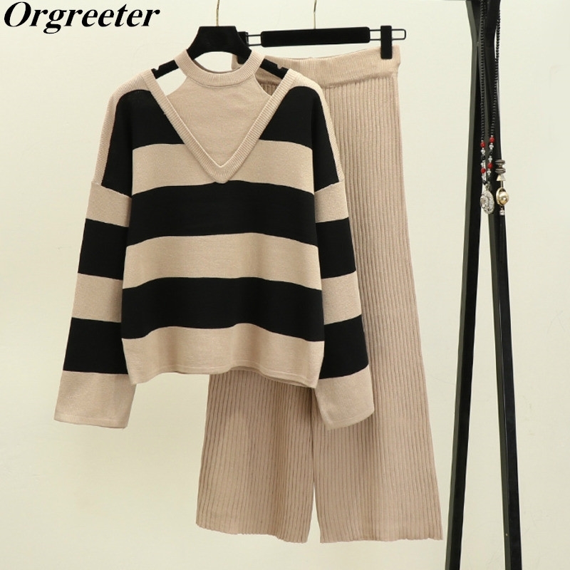 Autumn Winter Striped Sweatersuit Women Halter Hollow Long Sleeve Sweater + Wide leg Pants Two piece set Casual Outfits Female 210525, Khaki
Autumn Winter Striped Sweatersuit Women Halter Hollow Long Sleeve Sweater + Wide leg Pants Two piece set Casual Outfits Female 210525, Khaki