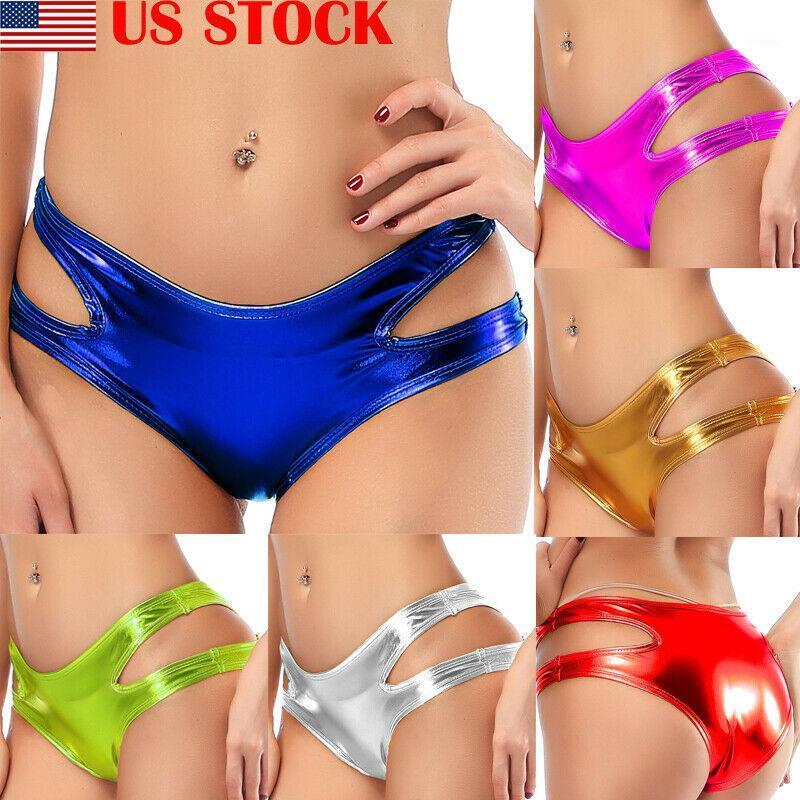 

Women Shiny Metallic Hollow Out Briefs PU Leather Shorts Underwear Lady Rave Dance Clubwear Pole Dancing Panties Women's, Black