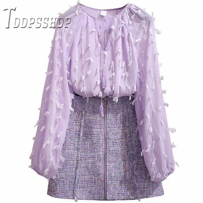 Spring New Sweet Women Set Purple Color Blouse and Skirt Female Sets T200325