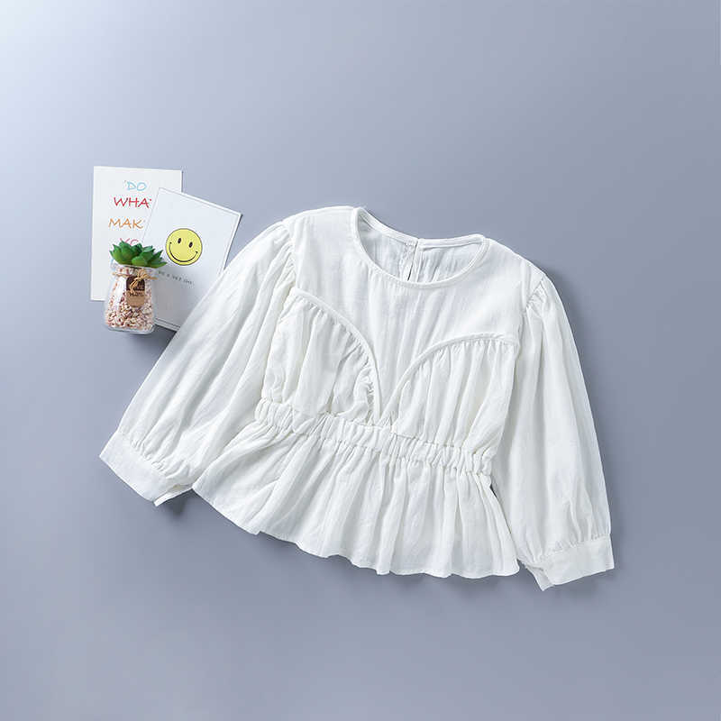 2-7 years high quality girl clothing set autumn casual tiered ruched solid shirt + pearl denim pant kid children clothi 210615