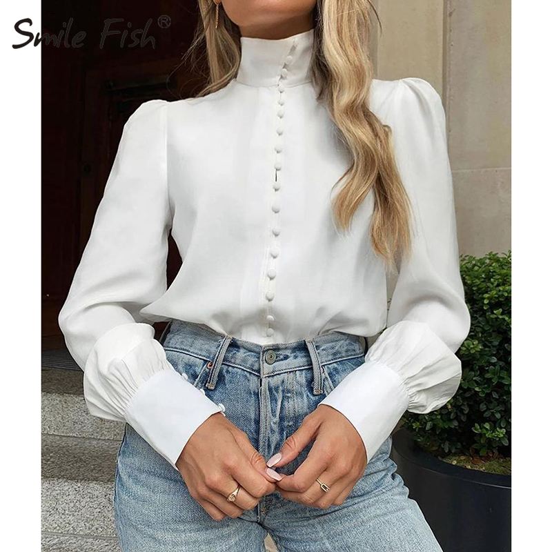 Letters Printed Buttons Up Stand Collar Shirts Women New Fashion Lady White Blouses 3XL Long Sleeve Chain Blusas Plus Size M0303 210225
