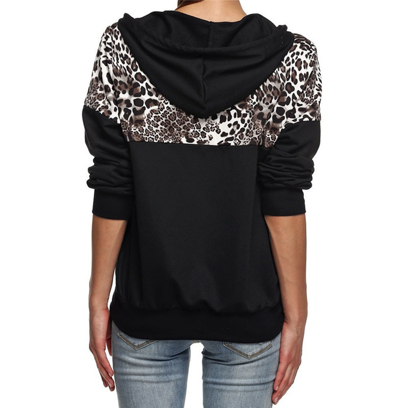 Harajuku Women Leopard Hoodies Sweatshirt Fashion Zipper Pocket Hooded Jacket Outwear Ladies Solid Slim Pullover Clothes Moletom 201102