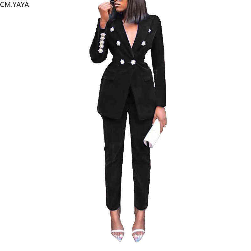 Autumn Winter Tracksuit Notched Full Sleeve Blazers Pants Suit Two Piece Casual Office Lady Outfit Solid Women Set Uniform 1230 211105