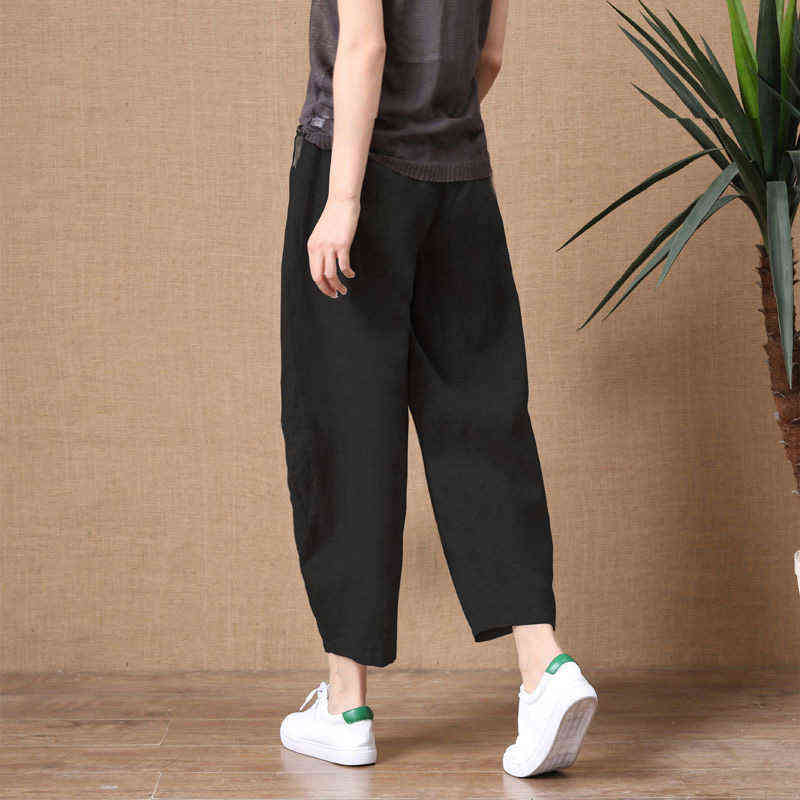 ShiMai Women's Cotton Linen Pants Elastic Waist Vintage Trousers Lady Loose Casual S-2XL Retro Literary 211115