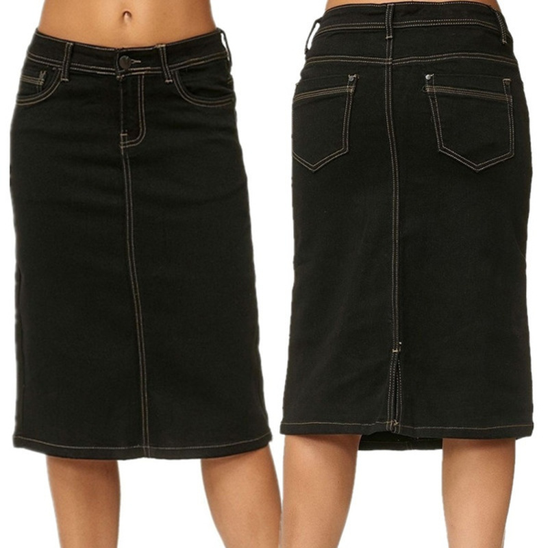 Denim Skirt Women Fashion Casaul Stretch Knee Length Washed Denim Blue Skirts Plus Size Pockets Pure Color Office Female Skirts 210309