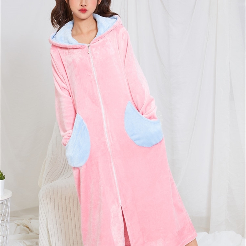 Winter Extra Long Warm Robe Women Hoody Coral Fleece Thermal Bathrobe Thick Flannel Nightwear Bath Robe Sleepwear Dressing Gown 210203