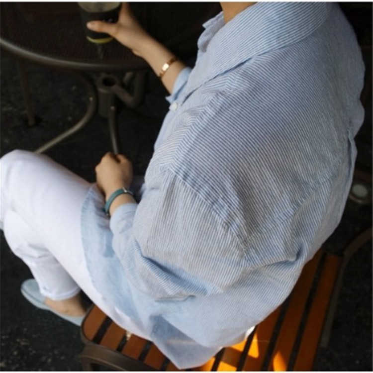Strip Full Shirts Loose Slim Casual All Match Bottom Women Blouses 210615