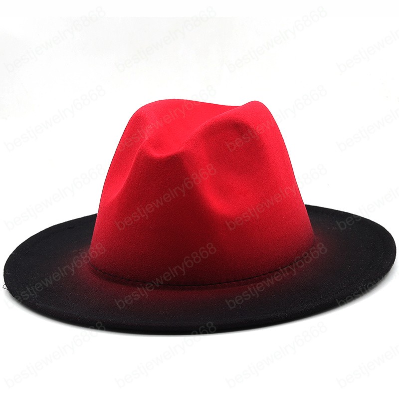 Simple Women Men Vintage Trilby Felt Fedora Hat With Wide Brim Hats Gentleman Elegant Gradient Color For Lady Winter Red Jazz Caps